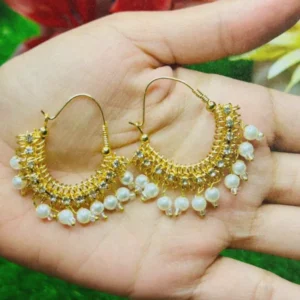 Golden Pearl Fringe Hoop Earrings